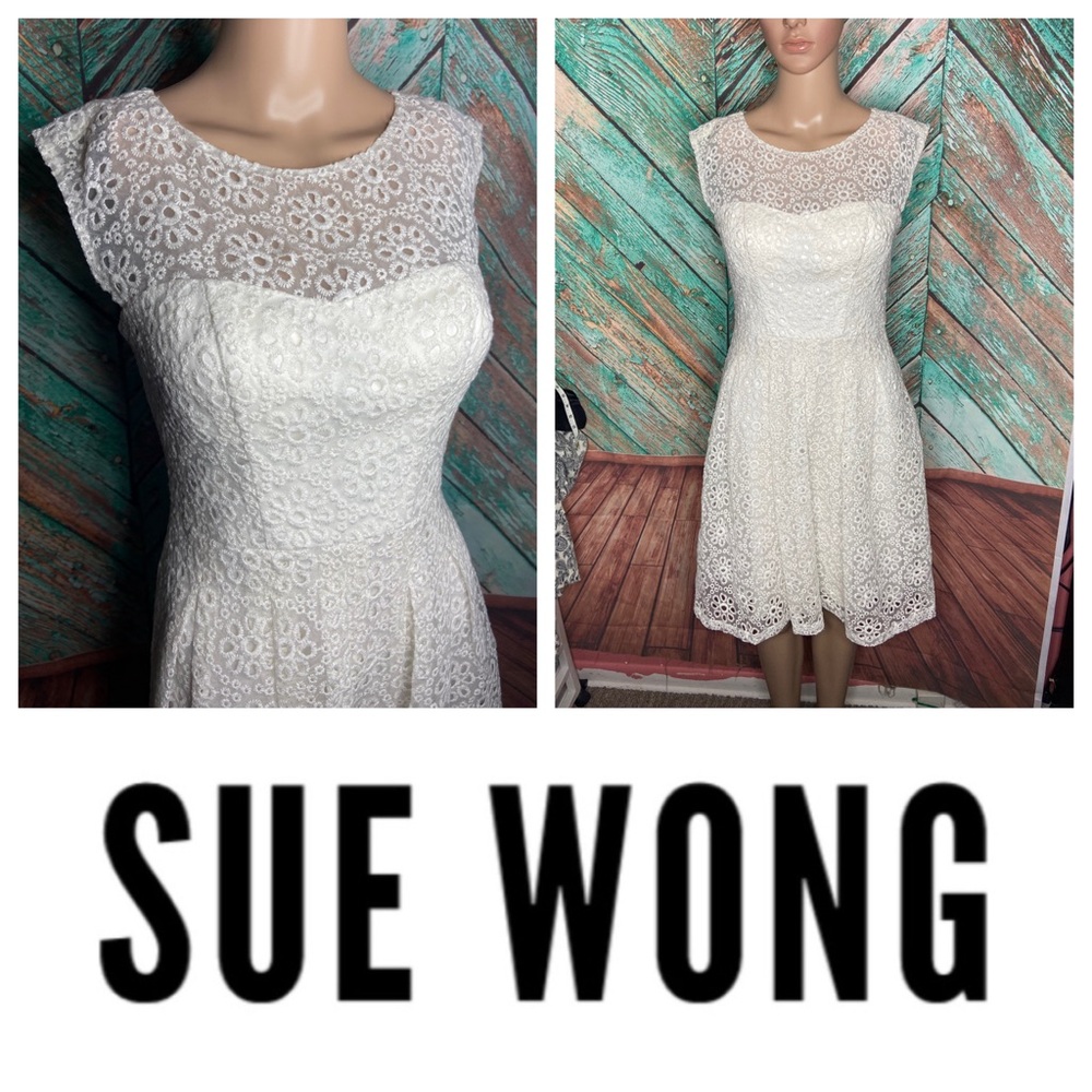 Sue Wong White Eyelet Knee Length Cocktail Or Informal Wedding Dress
